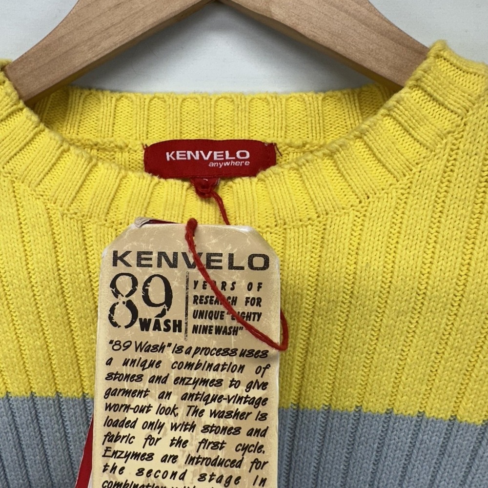 KENVELO Striped Ribbed Knit Crew Neck Sweater Yellow Grey Women L - Picture 4 of 4